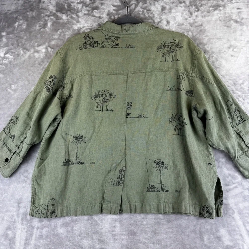 Chico's Button Down Shirt Women‎ 2 Green Linen Novelty Print Tropical (1470)